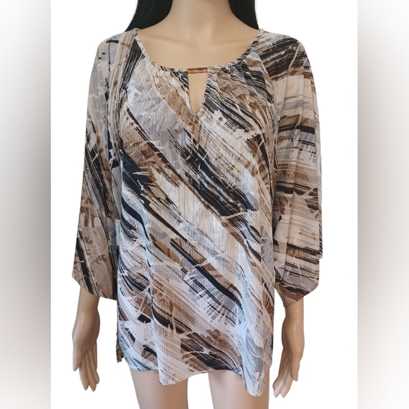 Dana Buchman Tops - Dana Buchman White, Black & Brown Abstract Pattern Blouse